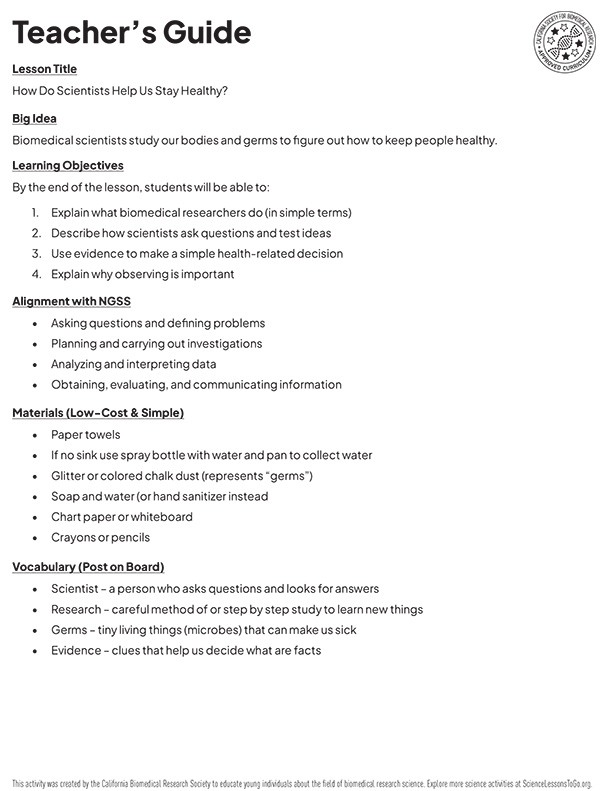 How Do Scientists Help Us Stay Healthy Biology Biomedical Lesson for Elementary 3-6